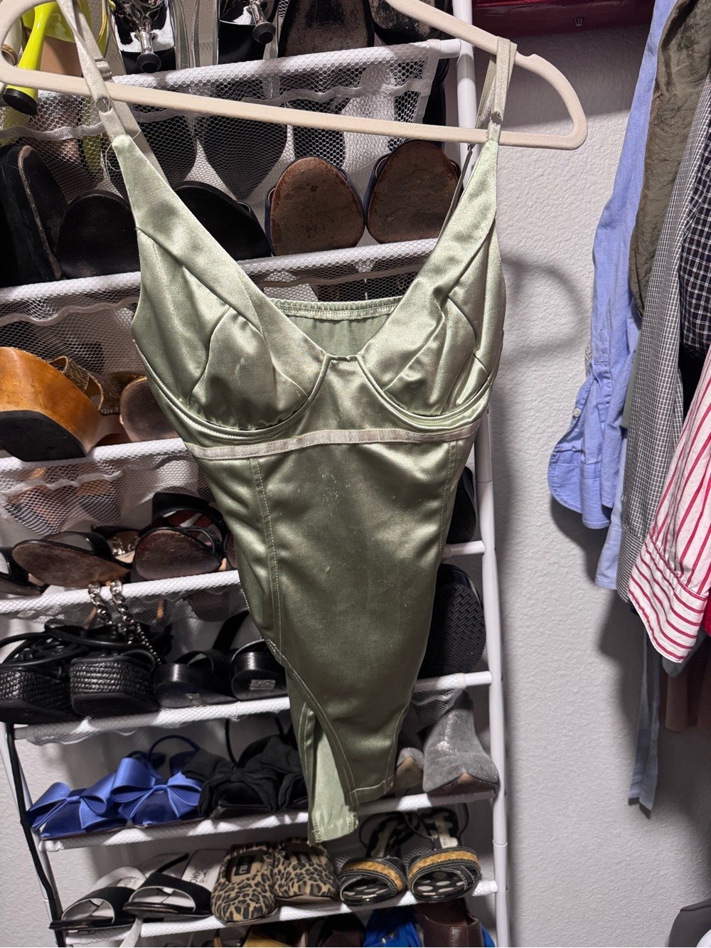 Satin Olive-Green Underwire Bodysuit with Adjustable Straps
